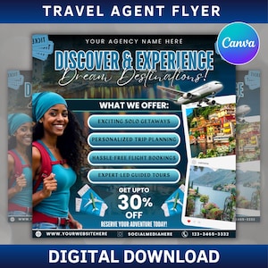 Travel Agent Flyer, DIY E-Flyer Template, Travel Flyer, Vacation Flyer, Travel Agency, Social Media Flyer, Canva Editable, Instant Download