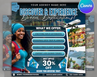 Travel Agent Flyer, DIY E-Flyer Template, Travel Flyer, Vacation Flyer, Travel Agency, Social Media Flyer, Canva Editable, Instant Download
