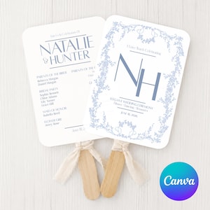 May include: Two light blue and white wedding fans with wooden handles and cream-colored ribbons. The fans feature text that reads "NATALIE & HUNTER" and "NH" with floral designs. The date "June 18, 2026" is also visible.