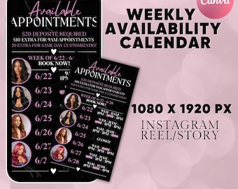 Hair Weekly Availability Instagram Story Calendar,Lash tech Instagram Template,Nail Tech Appointment,2024 July August CalendarCanva Template