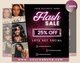May include: A black and pink social media graphic with a glittery background. The text "Flash Sale" is in pink with a pink border. The text "25% Off" is in white with a pink border. The text "Lets Get Social" is in white. Social media icons for Facebook, Instagram, and WhatsApp are included. The text "www.yourwebsite.com" is at the bottom of the graphic.