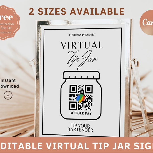 Virtual Tip Jar, Virtual Tip Jar Sign, Payment Method Sign, Virtual Tip Venmo, Cash App Bartender, Qr Code Sign, Wedding Bartender Tips Sign