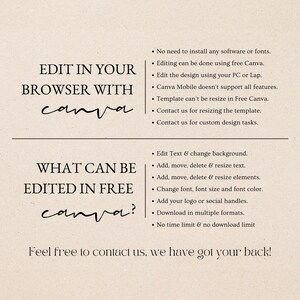 May include: A graphic design tutorial explaining how to edit designs in the free version of Canva. The text reads "Edit in your browser with Canva" and "What can be edited in free Canva?"  The graphic lists features that can be edited for free, such as text, background, elements, font, and social media handles. The graphic also states that there is no time limit or download limit for free edits.