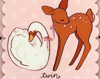 Jumbo Twin Fawn and Swan Sticker | Deer Bird Art | Waterproof Vinyl (3" x 3")