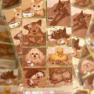Cozy Animals Sticker Sheet | Gold Rimmed Cottagecore Art Stickers