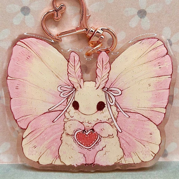 Sparkly Rosy Maple Moth Keychain | 3" x 2.5" | Cottagecore Art Keychain | Glittery Epoxy Keychain | Moth Art