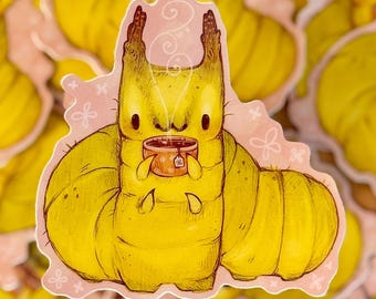 Tea Caterpillar Sticker | Cute Bug Art Aesthetic Sticker | 2.75" x 2.75" | Cottagecore Art Sticker