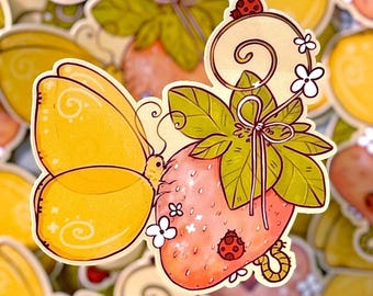 Strawberry Butterfly Sticker | Glossy Vinyl Sticker (3" x 3")