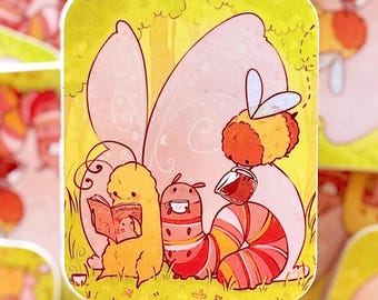 Buggie Books and Coffee Sticker | Butterfly Bee Bug Caterpillar Art (2.24" x 3")