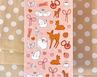 Fawn and Swan Sticker Sheet | Deer Bird Art | Waterproof Vinyl (3.3" x 6")