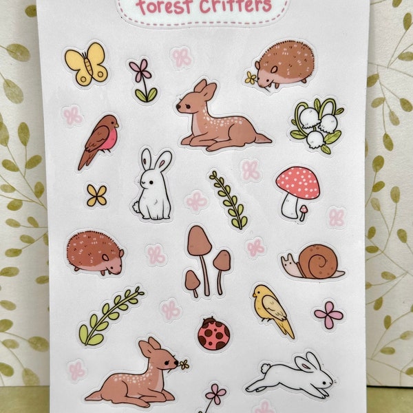 Forest Critters Sticker Sheet | 4" x 6" | 31 Stickers | Cottagecore Art Sticker Sheet | Waterproof Vinyl Sticker Sheet | Bunny Hedgehog Bird