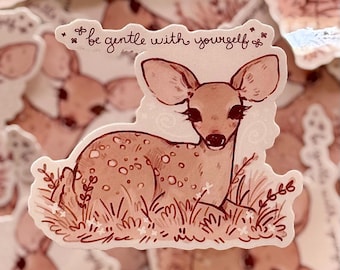Gentle Fawn Sticker | Affirmation Whimsical Deer Illustration, Glossy Vinyl Art (2.25" x 2.75")