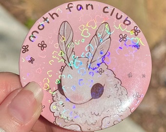 Holographic Hearts Moth Fan Club Button | 2.25" x 2.25" | Cute Pink Art Button | Holographic Pin | Moth Art