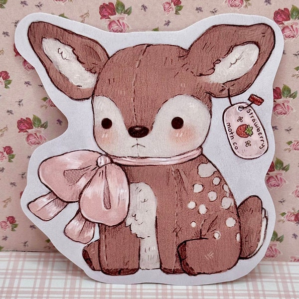 Cute Fawn Plushie Sticker | 3.25" x 3.5" | Coquette Valentines Art Sticker | Glossy Waterproof Vinyl Sticker | Deer Art Sticker