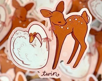 Twin Fawn and Swan Sticker | Deer Bird Art | Waterproof Vinyl (2.5" x 2.75")