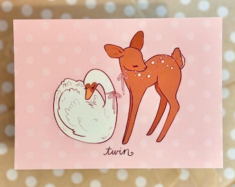 Twin Fawn and Swan Art Print | Deer Bird Art | Cozy Illustration (5" x 7")
