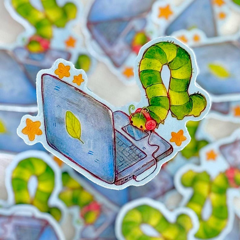 Caterpillar Laptop Sticker | Glossy Vinyl Sticker | Cottagecore Illustration (2" x 2.6") bild 1