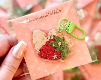 SPARKLY Strawberry Moth Keychain | 2" x 2" | Double-Sided Glitter Epoxy Bug Keychain