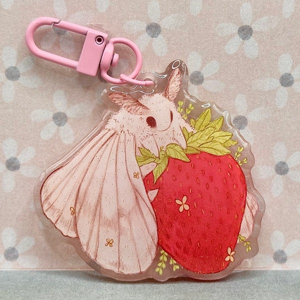 Strawberry Moth Sparkle Keychain | 2.5" x 2.5" | Cottagecore Art Keychain | Glitter Epoxy Keychain