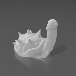 May include: A white 3D printed sculpture of a spiky turtle with a long neck.