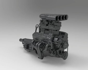 May include: A black cast iron engine with a large intake manifold and multiple exhaust pipes. The engine is mounted on a stand and is ready to be installed in a vehicle.
