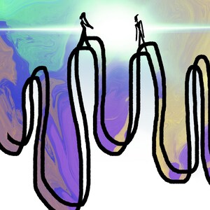 May include: Two stick figures stand on top of wavy black lines against a colorful background of purple, blue, and yellow.