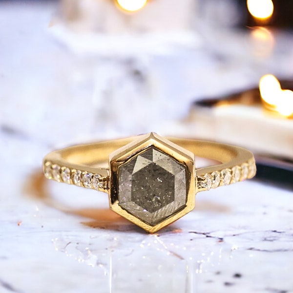 Salt And Pepper Diamond Ring | Vintage Ring | Wedding Ring | Engagement Ring | Anniversary Ring |Unique Handmade Ring | Hexagon Diamond Ring