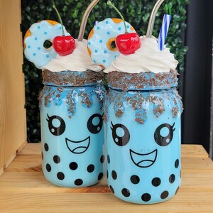 Blue Boba Cup, 16 oz Decorated  cup with lid and straw