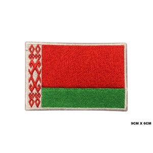 May include: Embroidered patch of the Belarusian flag. The flag is red with a green stripe at the bottom and a white pattern on the left side. The patch is 9 cm by 6 cm.