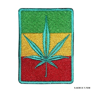 May include: Green, yellow, and red embroidered patch with a marijuana leaf in the center. The patch is 5.6 cm by 7.7 cm.