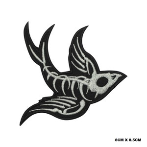Skeleton Flying Bird Halloween Logo Iron-On Patch, Vinyl Player Badge, Vintage Decorative Patch, DIY Embroidery, Embroidered Applique