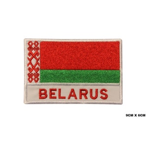 May include: Embroidered patch featuring the flag of Belarus. The patch is white with a red and green flag in the center. The words "BELARUS" are written in red below the flag. The patch measures 9 inches by 6 inches.