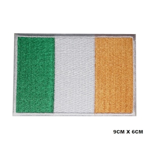 May include: An embroidered Irish flag patch with green, white, and orange stripes. The patch measures 9 inches by 6 inches.
