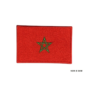 Op de afbeelding: Een rood geborduurd patch met een groene vijfpuntige ster. De ster heeft een geometrisch ontwerp in het midden. De patch is 9 cm bij 6 cm.