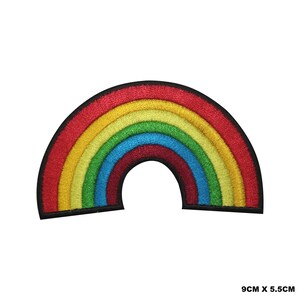 May include: An embroidered patch shaped like a rainbow arc. The patch is made from red, orange, yellow, green, blue, indigo and violet thread. It measures 9 cm by 5.5 cm.