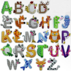May include: A set of 26 colourful embroidered iron-on patches featuring the alphabet letters A through Z. Each letter is decorated with a different animal design.