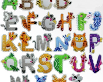 Kinder lernen Tier Alphabet Bügelbild, Vinyl Player Abzeichen, Vintage dekorative Patch, DIY Stickerei, gestickte Applikation