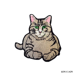 Cute Fat Grey Cat Cartoon Logo Iron-On Patch, Vinyl Player Badge, Vintage Decorative Patch, DIY Embroidery, Embroidered Applique