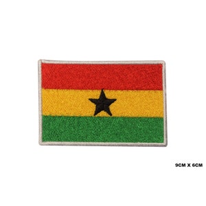 May include: An embroidered patch of the flag of Ghana. The flag is red, yellow, and green with a black star in the center. The patch is 9 cm by 6 cm.