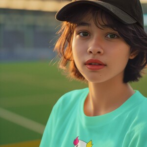 May include: A young person wearing a turquoise t-shirt with a cartoon character graphic. The character is white with pink, yellow, and blue accents. The person is wearing a black baseball cap.