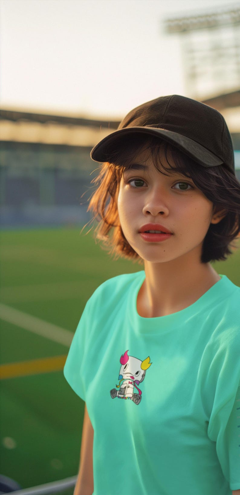 May include: A young person wearing a turquoise t-shirt with a cartoon character graphic. The character is white with pink, yellow, and blue accents. The person is wearing a black baseball cap.