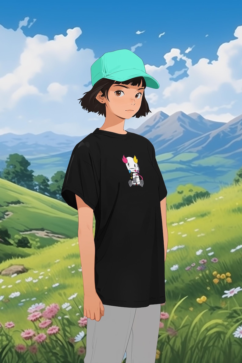May include: A person wearing a black t-shirt with a colorful cartoon robot graphic, a light blue baseball cap, and grey pants. The person is standing in a field with green grass and pink flowers.