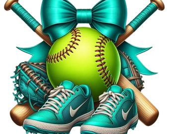 Girls Softball with Turquoise Bow and Cleats digital download PNG (17 MB) or JPG, transparent background