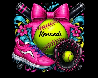 Customizable Pink and Blue Girls Softball PNG with transparent background 2000x2000px - Customizable name
