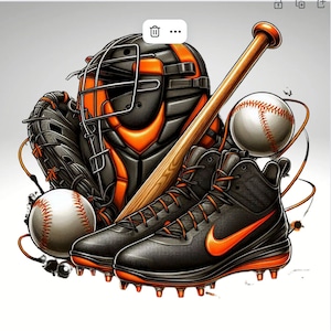May include: A pair of black baseball cleats with orange accents, a catcher's mask, a baseball glove, and a wooden baseball bat. The cleats have a Nike swoosh logo.