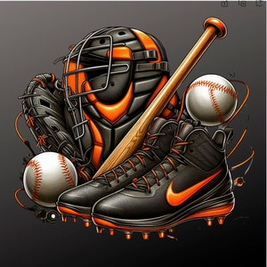 May include: A black and orange baseball catcher's mask, a wooden baseball bat, a baseball glove, two black baseball cleats, and two baseballs.