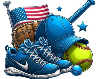 Cute Girls Softball with Flag Digital Download with Transparent Background - PNG and SVG File