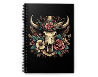 Black Cow Skull and Roses Writing Spiral Notebook - Ruled Line