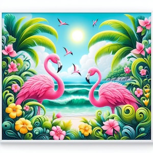 Può includere: Due fenicotteri rosa si trovano di fronte a uno scenario di spiaggia tropicale con palme, acqua blu e sabbia bianca. I fenicotteri si guardano e hanno il collo curvo. Lo sfondo è un cielo blu brillante con nuvole bianche.