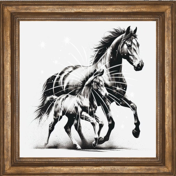 Beautiful Horse Sketch - Mare & Foal Ink Print - SVG/PNG with or without transparent background, Horse, foal mare, galloping. horse lovers,